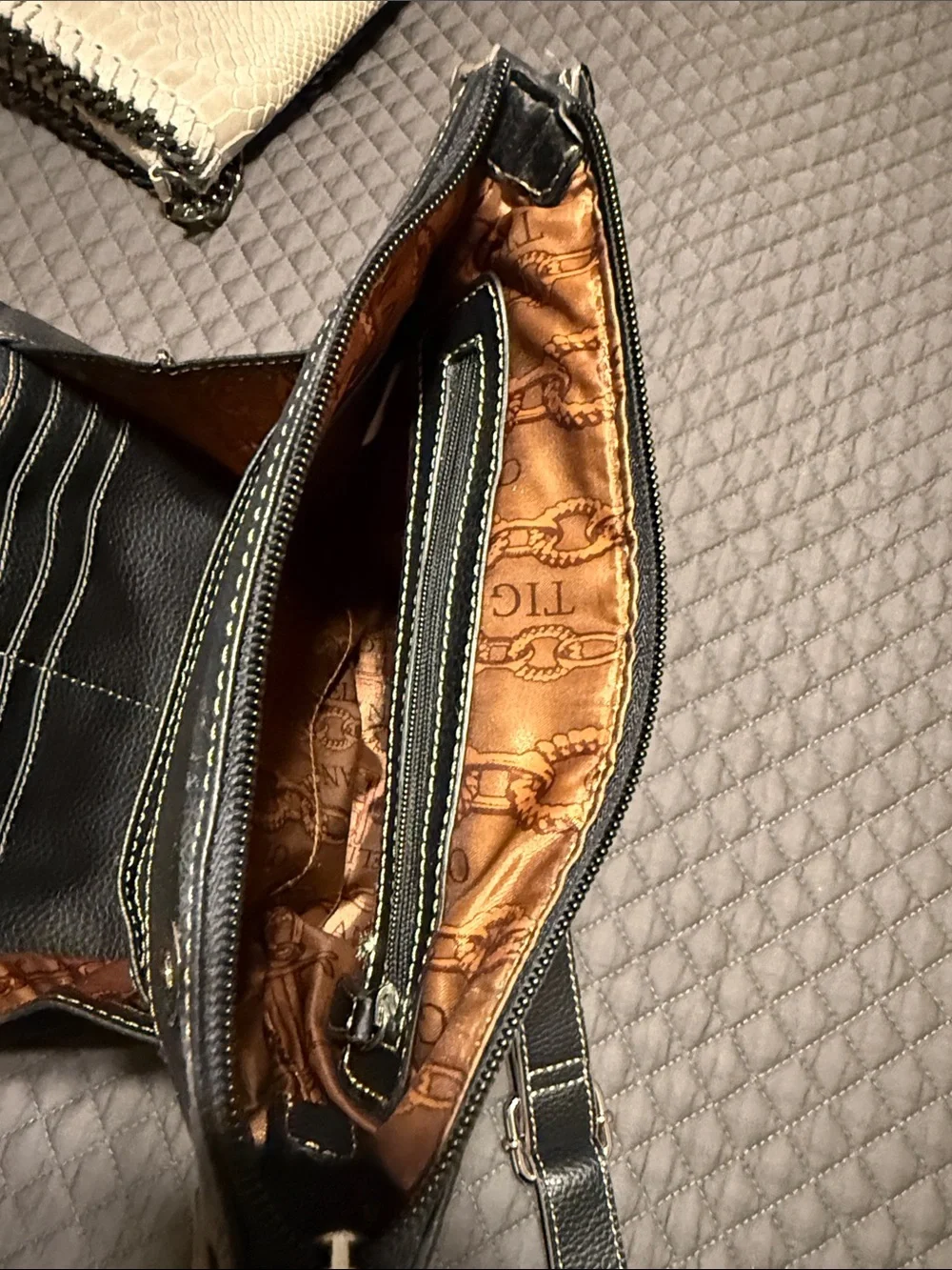 Tignanello Black Leather Crossbody Messenger with Contrast Stitching